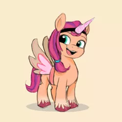Size: 768x768 | Tagged: safe, artist:sketchy-pones, derpibooru import, sunny starscout, earth pony, pony, spoiler:g5, cute, fake horn, fake wings, female, filly, filly sunny starscout, g5, image, png, simple background, smiling, solo, sunnybetes