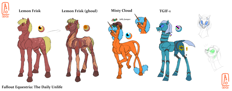 Size: 3078x1206 | Tagged: safe, artist:anelaponela, derpibooru import, oc, oc:lemon frisk, oc:misty cloud, oc:tgif-1, earth pony, ghoul, pony, robot, robot pony, spider, undead, unicorn, fallout equestria, cheek fluff, ear fluff, earth pony oc, fallout: equestria - the daily unlife, female, freckles, glasses, headcanon, horn, image, leonine tail, male, png, raised hoof, redesign, reference sheet, robot oc, simple background, smiley face, tail, unicorn oc