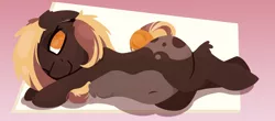 Size: 1440x632 | Tagged: safe, artist:rhythmpixel, derpibooru import, oc, oc:sweet marble, unofficial characters only, belly, belly button, image, lineless, looking at you, lying down, png, side, solo, tail, tail bun