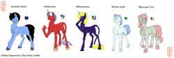 Size: 3600x1206 | Tagged: safe, artist:anelaponela, derpibooru import, oc, oc:blossom tree, oc:hailstorm, oc:moonstorm, oc:summer rain, oc:winter gale, earth pony, pony, unicorn, fallout equestria, ear fluff, earth pony oc, fallout: equestria - the daily unlife, female, headcanon, horn, image, leonine tail, looking at you, male, png, raised hoof, redesign, reference sheet, simple background, smiling, smiling at you, solo, tail, unicorn oc