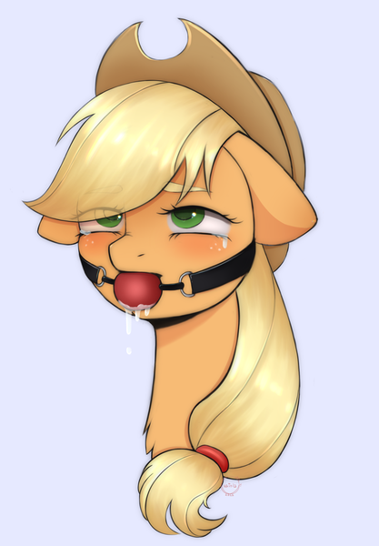 Size: 1640x2360 | Tagged: suggestive, artist:vaiola, derpibooru import, applejack, earth pony, pony, advertisement, applejack's hat, ballgag, blushing, bondage, bust, commission, cowboy hat, crying, drool, eyes rolling back, female, floppy ears, freckles, gag, hat, image, long mane, looking up, open mouth, pet play, png, portrait, purple background, simple background, solo, tears of pleasure, ych example, ych result, your character here