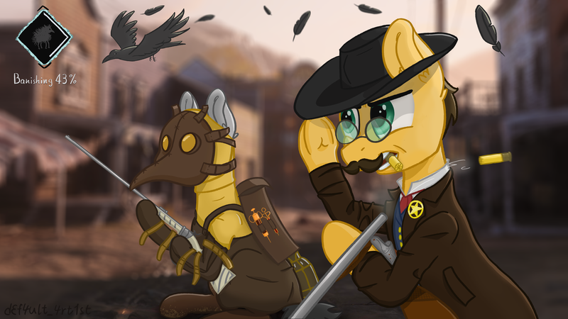 Size: 6000x3375 | Tagged: safe, artist:d3f4ult_4rt1st, derpibooru import, ponified, bird, crow, earth pony, pony, clothes, coat, cowboy hat, ear fluff, feather, gun, hat, hunt showdown, image, plague doctor, plague doctor mask, png, rifle, sheriff, sheriff hardin, sheriff's badge, shotgun, shotgun shell, video game, weapon