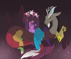 Size: 640x533 | Tagged: safe, artist:eggowomuffin, derpibooru import, discord, twilight sparkle, twilight sparkle (alicorn), alicorn, crown, date, digital art, discolight, drawing, female, floating, flower, illustration, image, jewelry, male, png, regalia, rock, shipping, straight