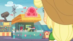 Size: 3410x1920 | Tagged: safe, derpibooru import, screencap, applejack, microchips, equestria girls, equestria girls series, rollercoaster of friendship, applejack's hat, caramel apple (food), cowboy hat, female, glasses, hat, high res, image, jpeg, male