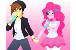 Size: 3096x2048 | Tagged: safe, artist:xan-gelx, derpibooru import, pinkie pie, oc, equestria girls, blushing, canon x oc, female, holding hands, image, jpeg, male, one eye closed, slushie, smiling, straight, wink