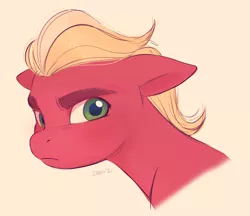 Size: 2823x2436 | Tagged: safe, artist:imalou, derpibooru import, sprout cloverleaf, earth pony, pony, my little pony: a new generation, bust, eyebrows, floppy ears, g5, green eyes, high res, image, jpeg, male, pink background, portrait, simple background, solo, stallion