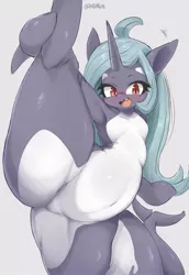 Size: 1412x2048 | Tagged: suggestive, artist:91o42, derpibooru import, oc, oc:orca, unofficial characters only, orca, orca pony, original species, barbie doll anatomy, belly button, blushing, featureless crotch, female, image, jpeg, looking at you, solo, solo female, spreading, spread legs, thighs, thunder thighs