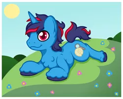 Size: 1442x1166 | Tagged: safe, artist:tuft, derpibooru import, oc, oc:kyanite crush, unofficial characters only, pony, unicorn, blue coat, cutie mark, flower, fossil, gift art, image, lying down, magnifying glass, male, meadow, png, prone, purple mane, red eyes, red mane, smiling, solo, stallion, sun, two toned mane, unshorn fetlocks