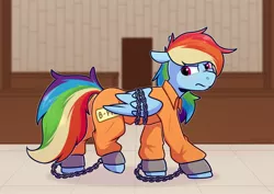 Size: 4093x2894 | Tagged: safe, artist:jellysiek, derpibooru import, rainbow dash, pegasus, pony, ankle chain, ankle cuffs, bondage, bound wings, chains, commission, cuffs, grumpy, image, jpeg, judge, prison, prisoner rd, solo, wings