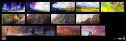 Size: 1920x626 | Tagged: safe, artist:alvaro ramirez, derpibooru import, hitch trailblazer, izzy moonbow, sunny starscout, earth pony, unicorn, my little pony: a new generation, cloud, concept art, female, forest, g5, image, jpeg, mountain, sky, tree