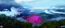 Size: 2751x1200 | Tagged: safe, artist:alvaro ramirez, derpibooru import, bird, my little pony: a new generation, bridlewood, cloud, concept art, forest, g5, image, jpeg, mountain, scenery, sky, tree