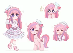Size: 1961x1418 | Tagged: safe, artist:franshushu, derpibooru import, oc, oc:sweet haze, unofficial characters only, earth pony, human, pony, anime style, blush sticker, blushing, clothes, commission, cute, dress, eye clipping through hair, eyes closed, female, hat, humanized, image, jpeg, looking at you, mare, one eye closed, open mouth, raised hoof, simple background, smiling, smiling at you, solo, surprised, white background, wink, winking at you