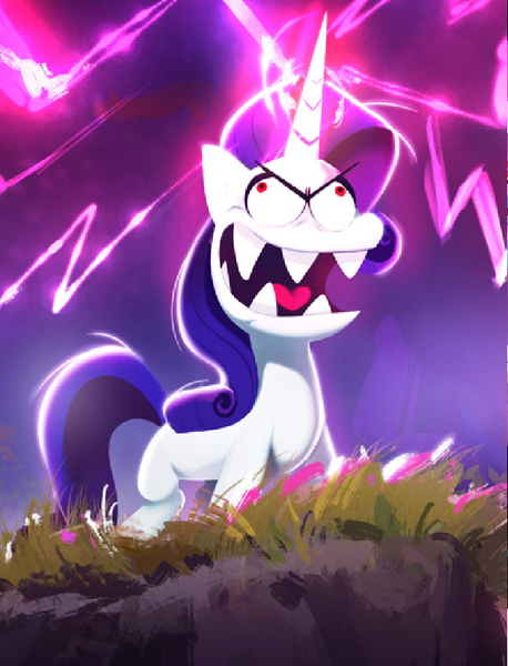 Size: 666x873 | Tagged: safe, artist:imalou, derpibooru import, rarity, unicorn, my little pony: a new generation, cropped, derp, evil rarity, faic, g5, image, laughing, magic, png, possessed, prologue, rarity jeong, solo focus, storm