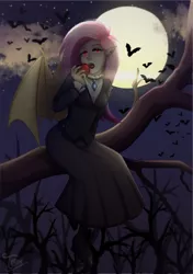 Size: 959x1362 | Tagged: safe, artist:toxiccolour, derpibooru import, fluttershy, bat, human, vampire, apple, boots, clothes, dress, ear piercing, earring, elf ears, eyeshadow, fangs, female, fluttergoth, food, full moon, humanized, image, jewelry, makeup, moon, nail polish, night, piercing, png, shoes, solo, winged humanization, wings