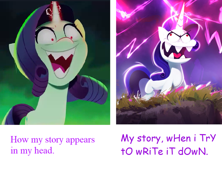 Size: 931x726 | Tagged: safe, artist:imalou, derpibooru import, rarity, pony, comparison, derp, evil rarity, g5, image, meme, novel, png, possessed, rarara, rarity jeong, silly, silly pony, sproutity, stupid, writing