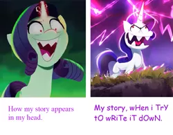 Size: 931x726 | Tagged: safe, artist:imalou, derpibooru import, rarity, pony, comparison, derp, evil rarity, g5, image, meme, novel, png, possessed, rarara, rarity jeong, silly, silly pony, sproutity, stupid, writing