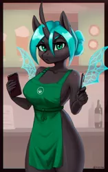 Size: 2135x3389 | Tagged: suggestive, artist:mrscroup, derpibooru import, queen chrysalis, anthro, changeling, changeling queen, :<, apron, barista, big breasts, bottomless, breasts, clothes, female, frown, high res, iced latte with breast milk, image, jpeg, looking at you, meme, notepad, partial nudity, pen, solo, solo female, spread wings, wings