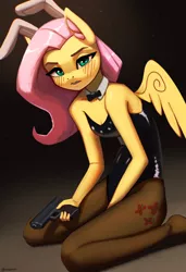 Size: 1400x2048 | Tagged: safe, artist:mrscroup, derpibooru import, fluttershy, anthro, pegasus, blushing, bunny ears, bunny suit, clothes, floppy ears, gun, handgun, image, jpeg, pistol, socks, solo, spread wings, stockings, thigh highs, weapon, wings