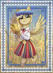 Size: 791x1078 | Tagged: safe, artist:toxiccolour, derpibooru import, oc, oc:cornflower meadow, unofficial characters only, pegasus, pony, clothes, cute, estonia, female, floral head wreath, flower, flying, food, grin, image, jpeg, mare, shirt, skirt, smiling, solo, wheat