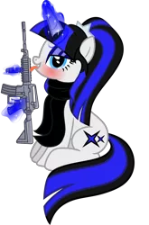 Size: 2643x4009 | Tagged: suggestive, artist:severity-gray, derpibooru import, oc, oc:coldlight bluestar, unofficial characters only, pony, unicorn, ar15, assault rifle, bedroom eyes, blushing, clothes, cutie mark, eyeshadow, female, gun, image, looking at you, magic, magic aura, makeup, mare, png, rifle, scarf, simple background, sitting, solo, transparent background, weapon