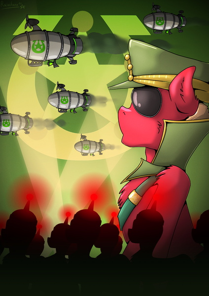 Size: 2480x3508 | Tagged: safe, artist:rainihorn, derpibooru import, sprout cloverleaf, earth pony, spoiler:g5, airship, anti-mind reading cap, army, clothes, crossover, emperor sprout, g5, glasses, hat, image, png, red alert, red alert 2, smoke, spotlight, zeppelin