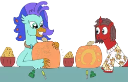 Size: 4097x2639 | Tagged: safe, artist:supahdonarudo, derpibooru import, oc, oc:ironyoshi, oc:sea lilly, unofficial characters only, classical hippogriff, hippogriff, unicorn, clothes, halloween, holiday, image, implied queen novo, jewelry, necklace, png, pumpkin, pumpkin carving, seeds, simple background, sweater, tools, transparent background