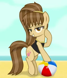 Size: 2652x3062 | Tagged: suggestive, artist:chomakony, derpibooru import, oc, oc:shimmy aromel, unofficial characters only, earth pony, pony, beach, beach ball, bedroom eyes, clothes, earth pony oc, female, high res, hoof on cheek, image, looking at you, mare, png, ponytail, raised hoof, shirt, show accurate, smiling, smiling at you, solo