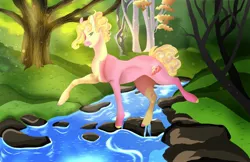 Size: 2537x1644 | Tagged: safe, artist:inisealga, derpibooru import, oc, oc:strawberry splash, unofficial characters only, earth pony, pony, art trade, creek, earth pony oc, female, forest, image, jpeg, mare, river, solo, tree