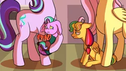 Size: 1280x720 | Tagged: safe, artist:allysartstuff, derpibooru import, fluttershy, starlight glimmer, oc, oc:dewey, oc:fiasco, hybrid, pegasus, pony, unicorn, child, dialogue in the description, female, filly, image, magical lesbian spawn, mare, offspring, parent:fluttershy, parent:rainbow dash, parents:flutterdash, parents:starcord, png, story included