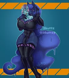 Size: 2400x2700 | Tagged: suggestive, artist:skuttz, derpibooru import, princess luna, oc, oc:neoprene dream, anthro, pony, unguligrade anthro, unicorn, big breasts, bodysuit, bondage, breasts, cleavage, clothes, crotch bulge, cuffs, dripping, duo, duo female, ear piercing, encasement, eyeshadow, female, from behind, futa, gloves, grope, horn, huge breasts, image, impossibly large breasts, intersex, latex, latex gloves, latex stockings, latex suit, lip piercing, lipstick, liquid latex, living latex, living suit, makeup, piercing, png, possession, self grope, simple background, suiting, thick