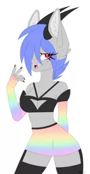 Size: 1542x3000 | Tagged: safe, artist:melodytheartpony, derpibooru import, oc, oc:melody silver, anthro, dracony, dragon, hybrid, art challange, boob window, clothes, cute, detached sleeves, dressuptober, dressuptober 2021, fangs, female, holographic, holographic clothing, horns, image, pastel, pastel rainbow, png, rainbow, sexy, skirts, socks, stockings, thigh highs