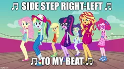 Size: 888x499 | Tagged: safe, derpibooru import, edit, edited screencap, screencap, applejack, fluttershy, pinkie pie, rainbow dash, rarity, sci-twi, sunset shimmer, twilight sparkle, equestria girls, equestria girls series, i'm on a yacht, spoiler:eqg series (season 2), bts, caption, image, image macro, imgflip, jpeg, k-pop, meme, song reference, text