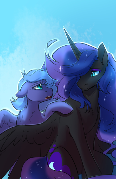 Size: 1186x1826 | Tagged: safe, artist:its-gloomy, derpibooru import, nightmare moon, princess luna, alicorn, pony, tumblr:ask queen moon, alternate universe, chest fluff, duality, duo, ear fluff, eye contact, eyeshadow, female, floppy ears, frown, head turned, hoof on shoulder, image, lidded eyes, looking at each other, looking back, makeup, mare, missing accessory, open mouth, png, s1 luna, sad, self ponidox, simple background, sitting, size difference, spread wings, wing fluff, wings, wings down, worried