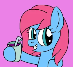 Size: 664x609 | Tagged: safe, artist:brobbol, derpibooru import, baby cuddles, earth pony, pony, fanfic:drunken cuddles, baby, baby pony, beverage, captain obvious, cup, drink, female, filly, g1, g1 to g4, g4, generation leap, grin, image, juice, like a boss, pink background, png, prune juice, sage, simple background, smiling, straw, surprise tales