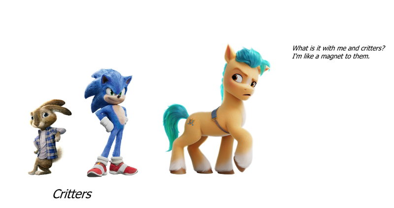 Size: 962x507 | Tagged: safe, derpibooru import, hitch trailblazer, my little pony: a new generation, spoiler:my little pony: a new generation, critter magnet, eb, g5, hop, image, png, sonic the hedgehog, sonic the hedgehog (movie), sonic the hedgehog (series), spoiler, voice actor joke