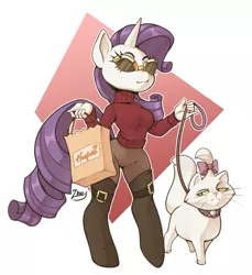 Size: 2504x2732 | Tagged: safe, artist:zoketchi, derpibooru import, opalescence, rarity, anthro, cat, unguligrade anthro, unicorn, bag, clothes, image, jpeg, knee-high boots, leash, paper bag, signature, simple background, smiling, solo, sunglasses, sweater