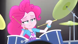Size: 3410x1920 | Tagged: safe, derpibooru import, screencap, pinkie pie, equestria girls, rainbow rocks, awesome as i want to be, bored, drum kit, drums, drumsticks, female, high res, image, jpeg, musical instrument, pinkie pie is not amused, solo, unamused