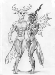 Size: 762x1049 | Tagged: suggestive, artist:dracowhip, derpibooru import, queen chrysalis, thorax, anthro, changedling, changeling, commissioner:curator85, image, jpeg, king thorax, muscles, traditional art