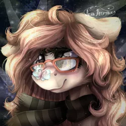 Size: 1000x1000 | Tagged: safe, artist:lenapetrushka, derpibooru import, oc, unofficial characters only, butterfly, earth pony, insect, pony, bust, clothes, eyelashes, female, image, mare, png, scarf, signature, smiling, solo