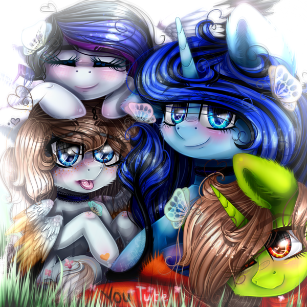 Size: 2500x2500 | Tagged: safe, artist:lenapetrushka, derpibooru import, oc, unofficial characters only, butterfly, insect, pegasus, pony, unicorn, blushing, bust, eyelashes, eyes closed, group, horn, image, pegasus oc, png, smiling, unicorn oc, wings