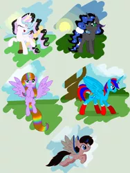 Size: 1636x2180 | Tagged: safe, artist:bookwormpony, derpibooru import, oc, unofficial characters only, alicorn, pegasus, pony, alicorn oc, clothes, ethereal mane, eyes closed, female, flying, horn, image, male, mare, multicolored hair, pegasus oc, png, rainbow hair, socks, stallion, starry mane, wings