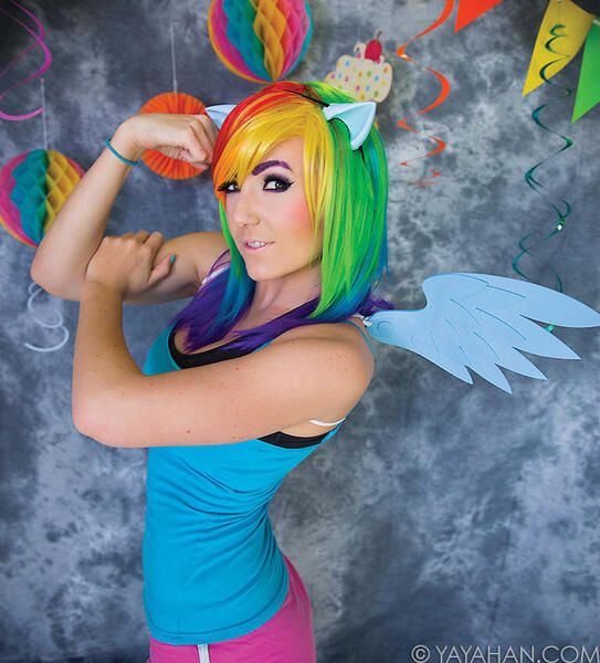 Size: 769x850 | Tagged: safe, artist:purplepluminc, derpibooru import, rainbow dash, human, 2015, clothes, cosplay, costume, image, irl, irl human, jessica nigri, jpeg, photo, sleeveless, tanktop