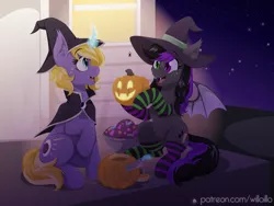 Size: 1600x1200 | Tagged: safe, artist:willoillo, derpibooru import, oc, oc:candlelight sonata, oc:willowisp, unofficial characters only, halloween, holiday, image, png, pumpkin, witch