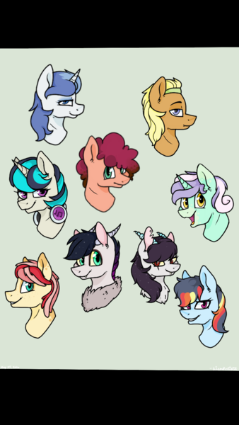 Size: 720x1280 | Tagged: safe, artist:lisaartista365, derpibooru import, oc, oc:blaze, oc:candy harp, oc:cheesecake, oc:cotton, oc:fang, oc:flowercore, unofficial characters only, earth pony, hybrid, pegasus, pony, unicorn, bust, female, image, interspecies offspring, magical lesbian spawn, male, mare, next generation, offspring, parent:big macintosh, parent:bon bon, parent:discord, parent:fluttershy, parent:lyra heartstrings, parent:princess celestia, parents:dislestia, parents:fluttermac, parents:lyrabon, png, rule 63, stallion