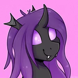 Size: 2894x2894 | Tagged: safe, artist:jellysiek, derpibooru import, oc, oc:violet rose, unofficial characters only, changeling, nymph, pony, bust, changeling oc, commission, female, filly, happy, image, pink background, png, portrait, purple, purple changeling, purple eyes, purple mane, simple background, smiling, young