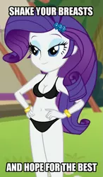 Size: 525x900 | Tagged: suggestive, derpibooru import, screencap, rarity, equestria girls, bikini edit, breasts, caption, cleavage, image, image macro, png, text