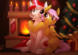 Size: 3508x2480 | Tagged: safe, artist:underpable, derpibooru import, oc, unofficial characters only, pegasus, pony, unicorn, blushing, candle, christmas, christmas stocking, christmas tree, commission, female, fire, fireplace, holiday, holly, holly mistaken for mistletoe, hug, image, lesbian, looking at each other, magic, oc x oc, ornament, png, present, shipping, sitting, smiling, smiling at each other, telekinesis, tongue out, tree