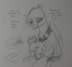 Size: 2048x1904 | Tagged: safe, artist:pony quarantine, derpibooru import, gallus, oc, oc:whore birb, gryphon, bag, bit, coin, dialogue, eyes closed, female, grayscale, griffon oc, image, jpeg, male, mommy kink, money, monochrome, petting, prostitution, tack, teary eyes, traditional art