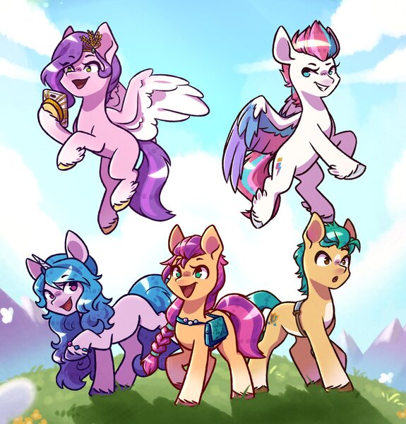 Size: 2209x2305 | Tagged: safe, alternate version, artist:ak4neh, derpibooru import, hitch trailblazer, izzy moonbow, pipp petals, sunny starscout, zipp storm, earth pony, pegasus, pony, unicorn, female, g5, image, jpeg, male, mane five (g5), mare, stallion