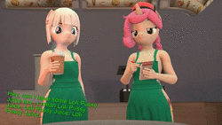 Size: 1280x720 | Tagged: suggestive, artist:cdv, banned from derpibooru, ponybooru import, oc, oc:butter muffin, oc:silk stocking, anthro, 3d, animated, apron, child, clothes, coffee, cup, female, iced latte with breast milk, image, lolicon, meme, mp4, naked apron, sound, source filmmaker, starbucks, text, underage, vulgar